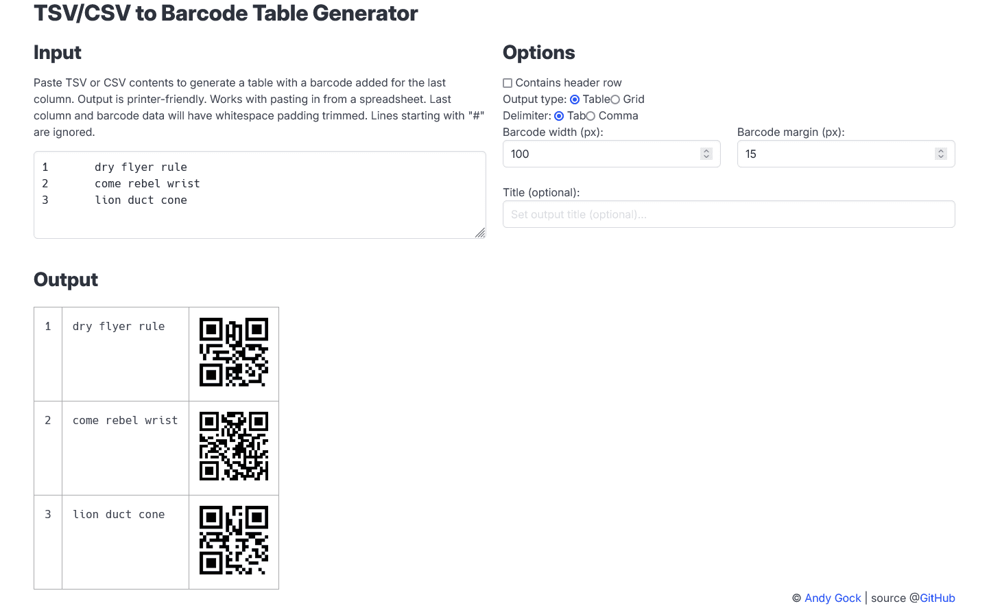 TSV/CSV to Barcode Table Generator