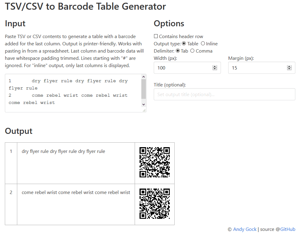 TSV/CSV to Barcode Table Generator